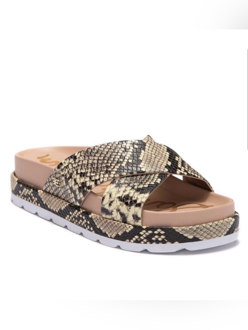 Sam Edelman Snake Print Crossband Slide Sandals in Black and Cream